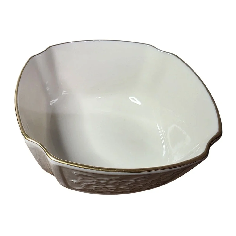 Lenox Square Arcadia Bowl/Candy Dish, Cream 24k Gold Rim, Raised‎ Flowers USA